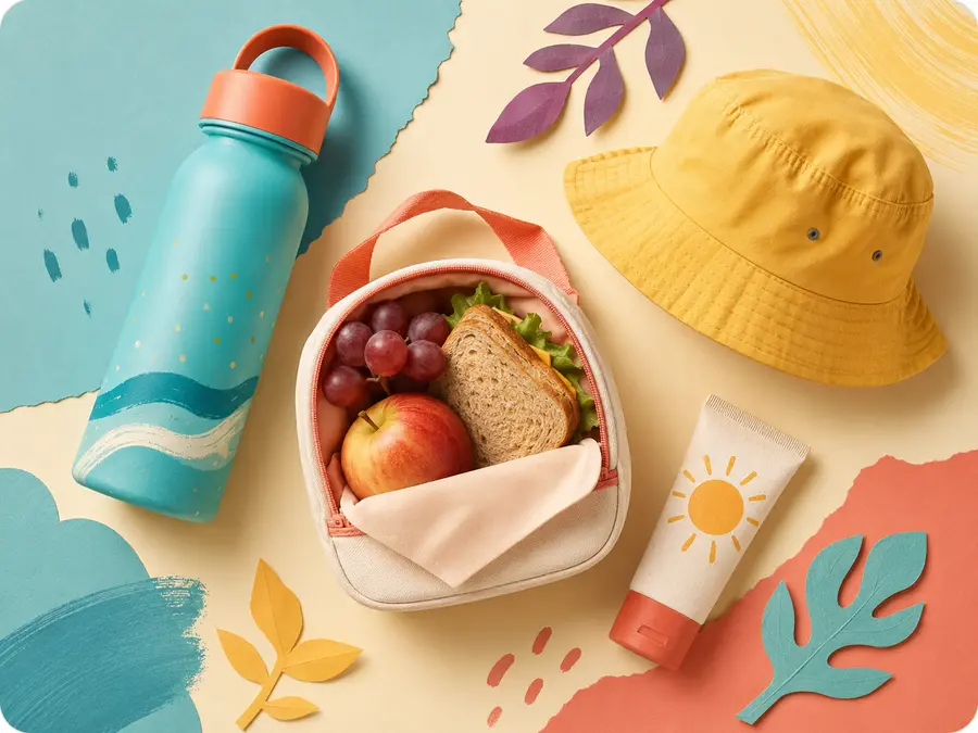 Water bottle, lunch bag, sun hat and sun cream arranged for art camp