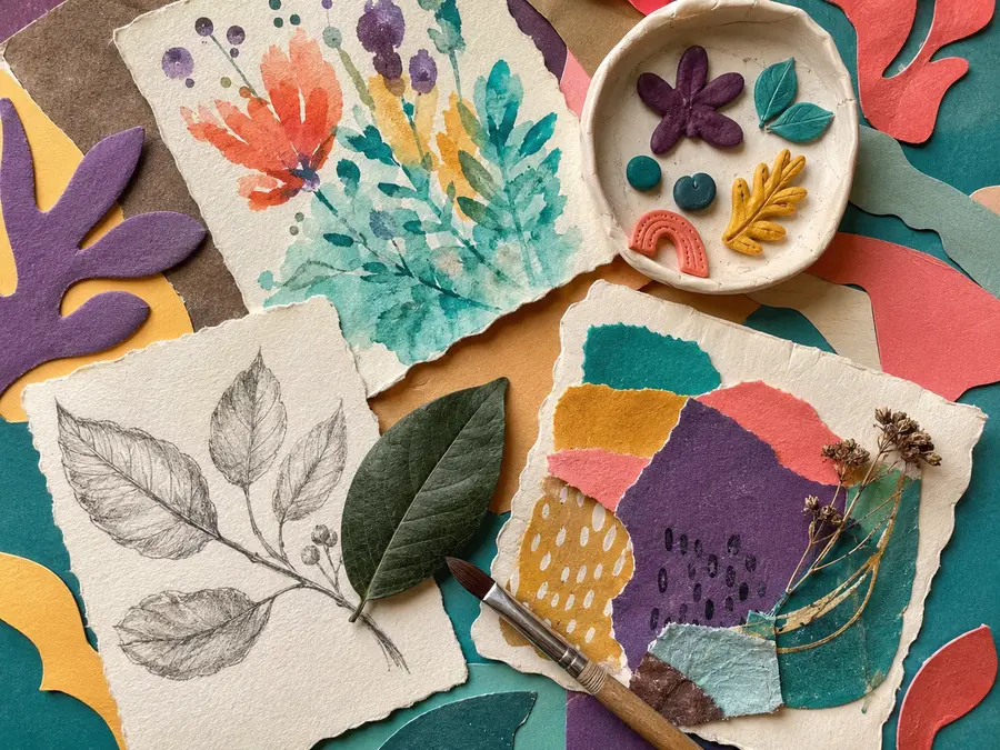 Watercolour, nature drawing, clay and mixed-media collage