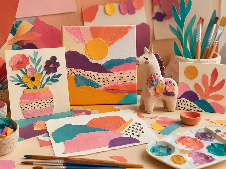 A colourful collection of children's paintings, collage and clay artwork