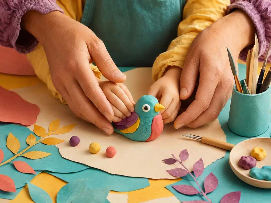 A teacher gently helping a child create a colourful clay bird