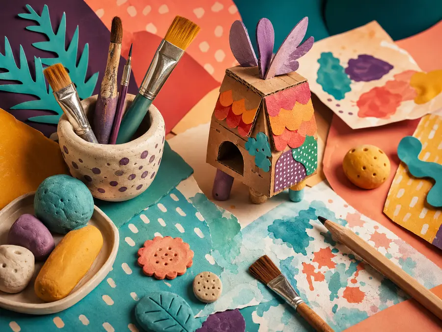 A colourful collection of paint, clay, paper and handmade projects