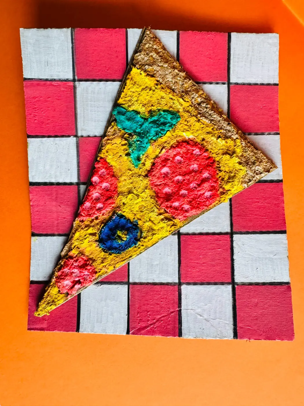 Textured mixed-media artwork of a slice of pizza