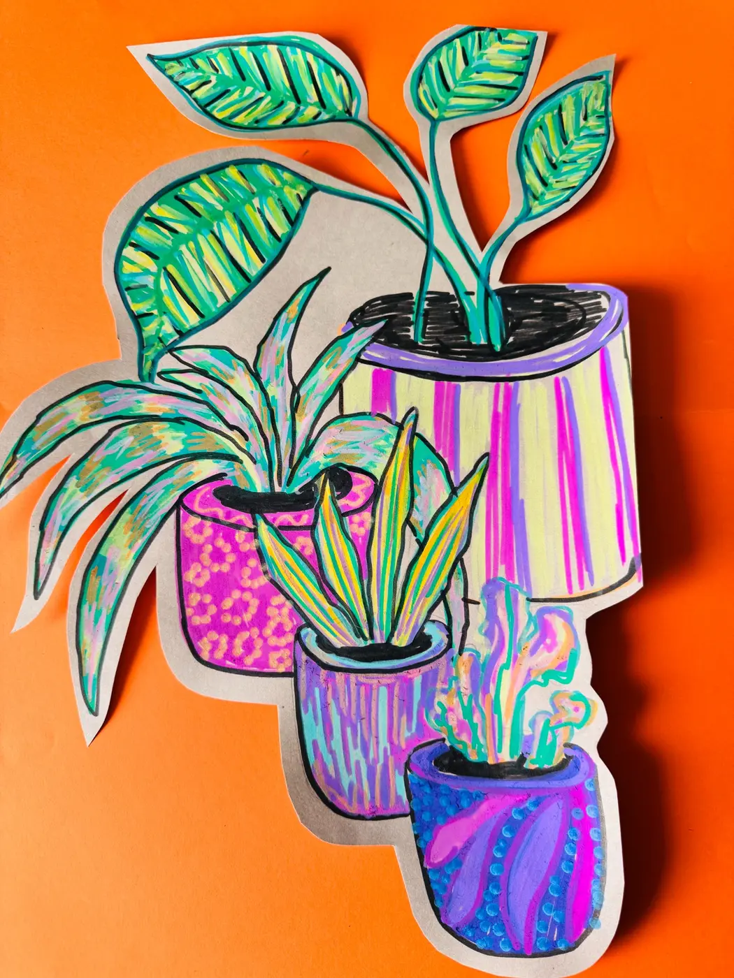 Colourful mixed-media artwork of house plants