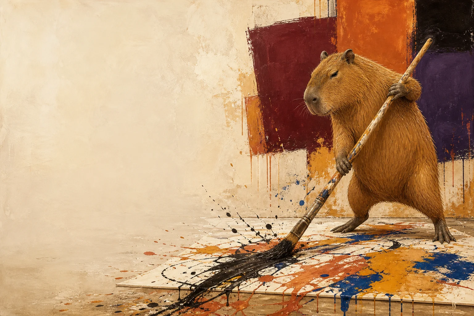 A capybara holds a long brush and draws a wide black stroke across a canvas lying on the floor. Behind her, large blocks of maroon, orange, black and violet cover the wall.