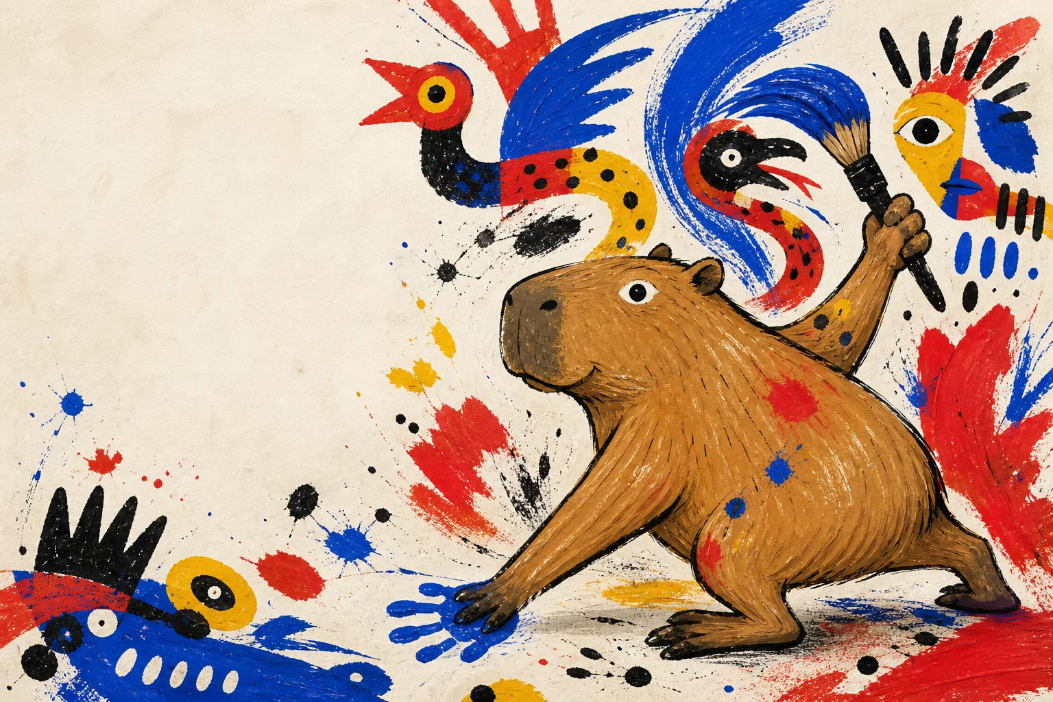 A capybara drawn with a thick black outline holds a brush. Around her, a red-and-blue bird, a snake creature and a masklike face are emerging from splashes of primary colour; a blue handprint sits beside her paw.