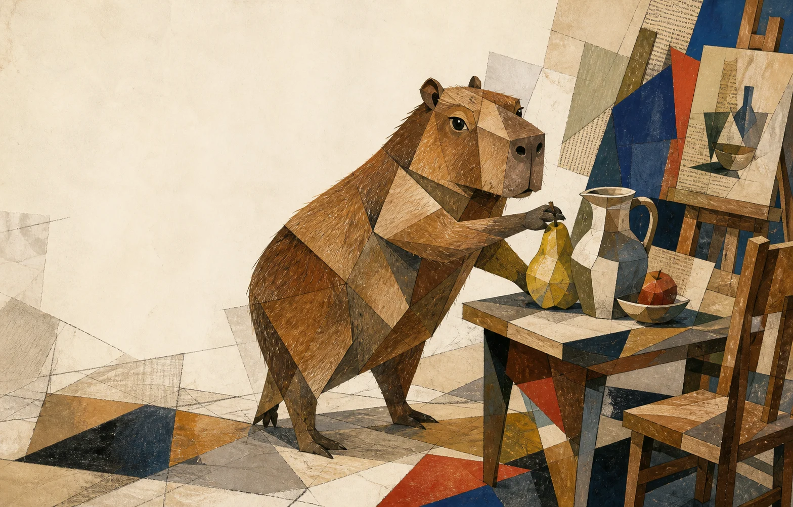 A capybara built from angular facets reaches for a pear on a table. A jug, an apple in a bowl and an easel stand nearby, and the whole studio is broken into overlapping planes of ochre, blue and cream.