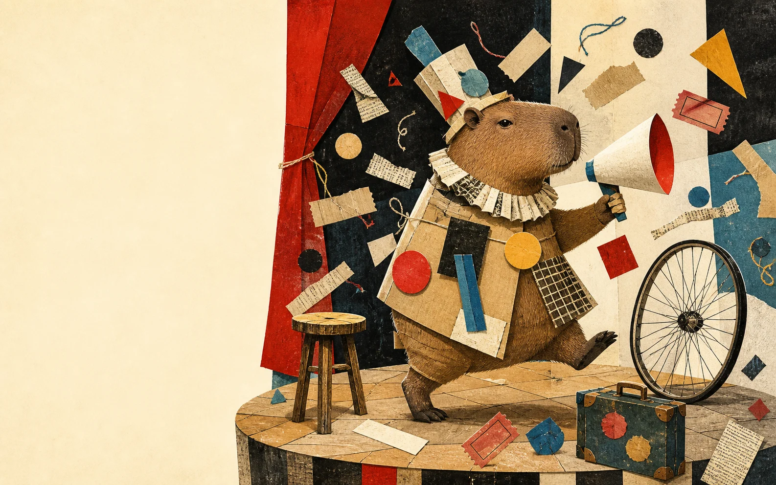 A capybara in a cardboard costume with a paper ruff holds a paper megaphone on a small stage. Around her fly scraps of newspaper, tickets and coloured shapes; a bicycle wheel, a stool and a suitcase stand nearby.