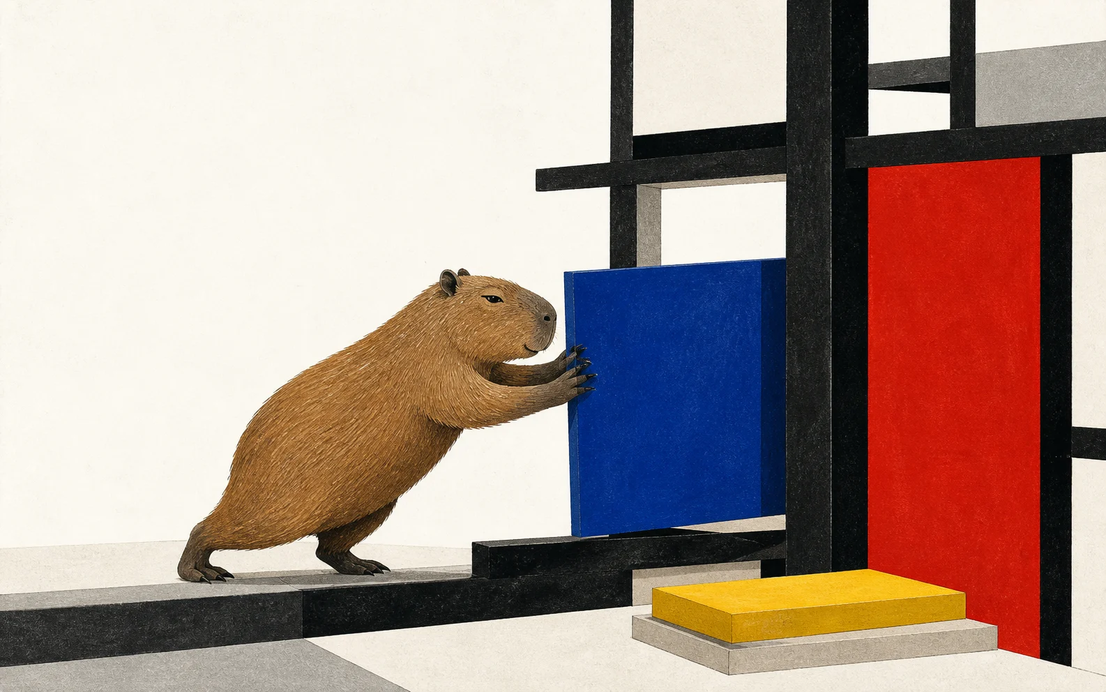 A capybara leans forward and pushes a blue panel into a structure of black beams. A red plane stands to the right, a yellow step sits below, and the left half of the picture is empty white.