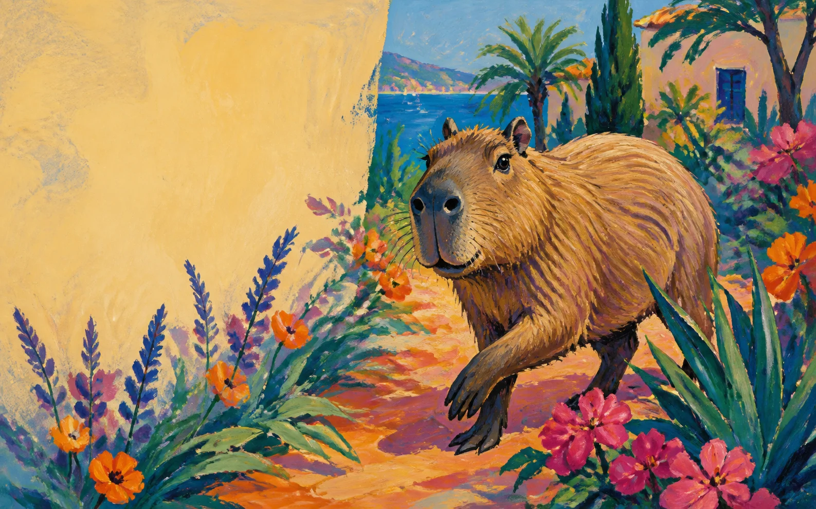 A capybara strides through a bright Mediterranean garden with one front paw lifted. The path is orange and pink, the flowers are magenta, and the sea behind is deep blue.