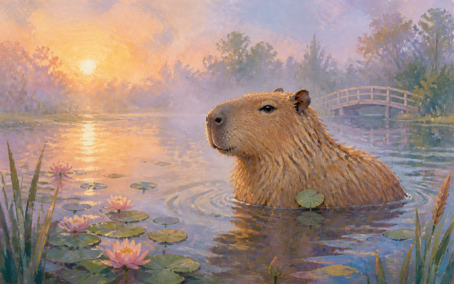 A brown capybara stands chest-deep in a still pond among pink water lilies. The sun is rising on the left, gold and lilac light lies on the water, and a small bridge can be seen in the distance.