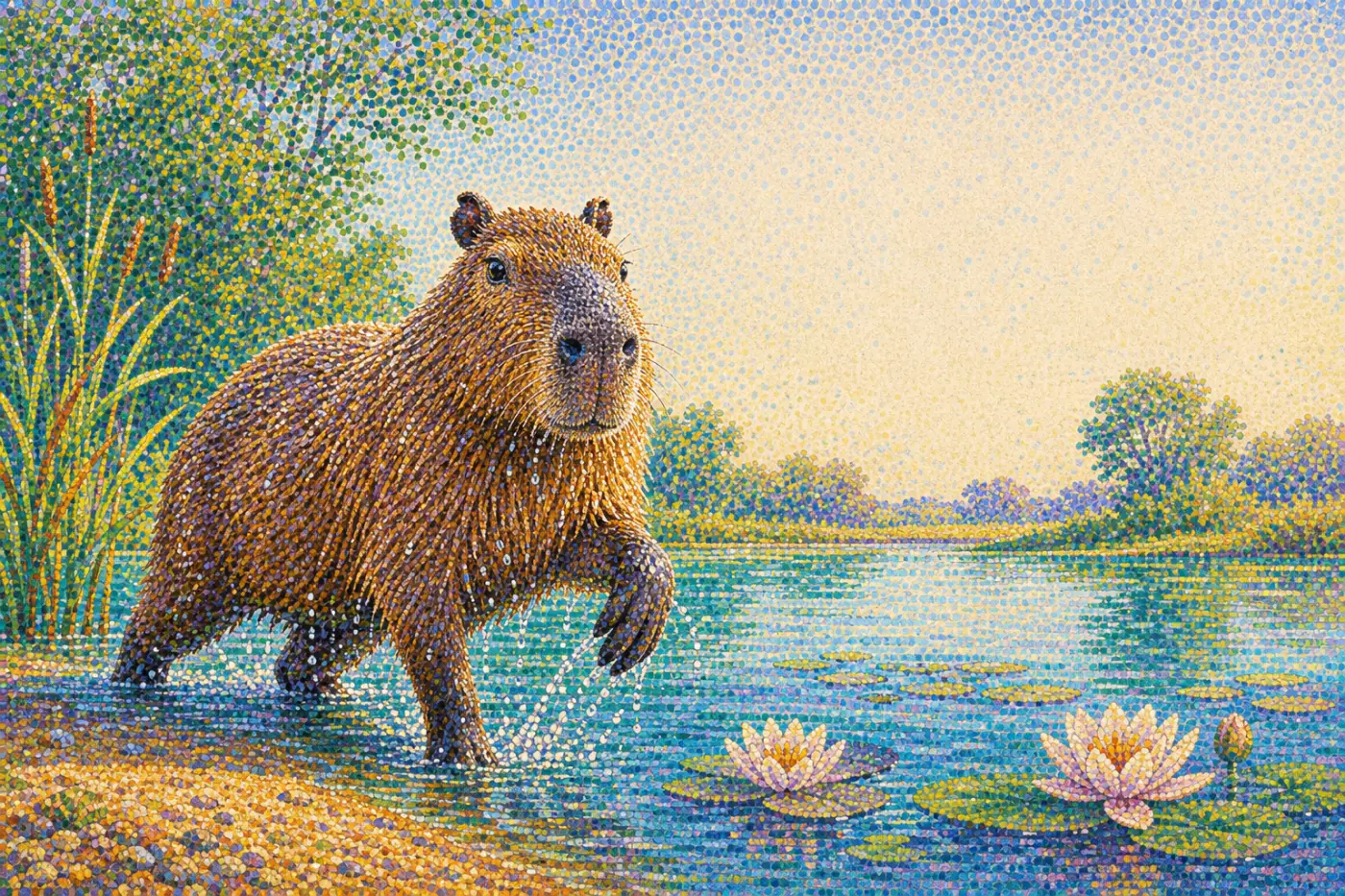 A brown capybara steps out of turquoise water with one front paw lifted. The droplets, the fur, the lilies and the bank are all made from separate coloured dots and short dabs.
