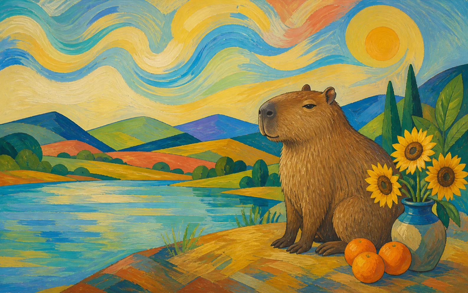 A calm capybara sits by a pond among sunflowers and oranges. The hills behind are built from flat coloured shapes, and the sky is turned into wide swirling brushstrokes.