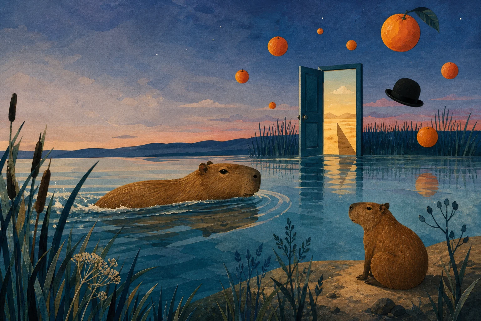 A capybara swims across a still lagoon at dusk while a second capybara — her reflection — sits calmly on the bank. A blue door stands in the middle of the water, open onto a sunlit desert. A bowler hat and a scattering of oranges float in the sky.