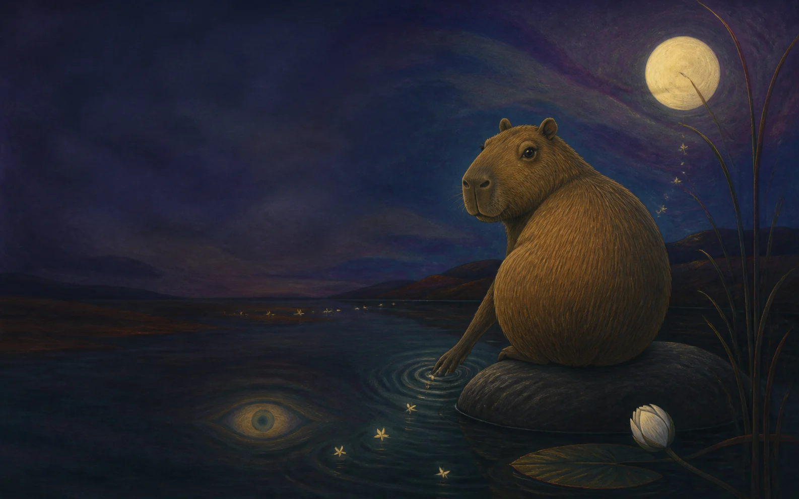 A capybara sits half-turned on a stone by dark water, touching the surface with one paw. Rings spread out from her touch, a shape like an eye glimmers in the water, and a moon hangs above the reeds.