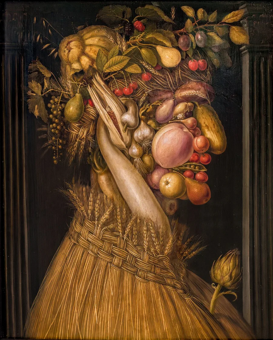 A head in profile built entirely out of summer fruit and vegetables: a peach for a cheek, a cucumber for a nose, an ear of corn for an ear, and a coat woven from wheat.