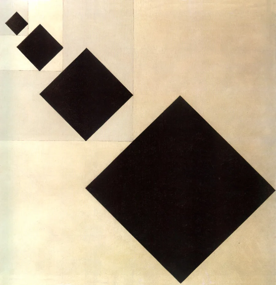 Four black squares standing on their corners, each half the size of the one before, marching down a cream field from the top left to the bottom right.