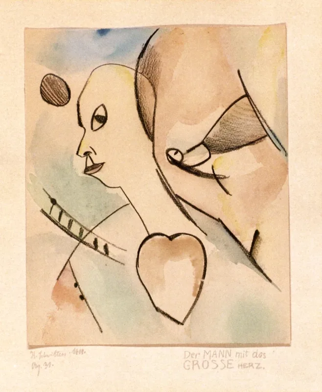 A face drawn in profile in a few thin lines, beside a large outlined heart and a pointing shape, on pale washed paper with the title written by hand along the bottom.