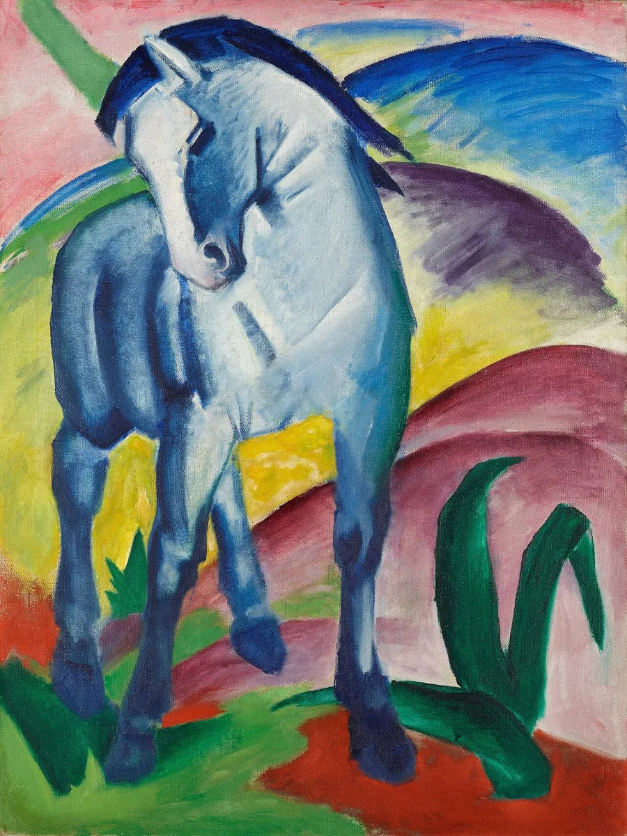 A young horse standing with its head lowered, painted deep blue, on ground of red, yellow and green. No horse was ever this colour and it is completely convincing.