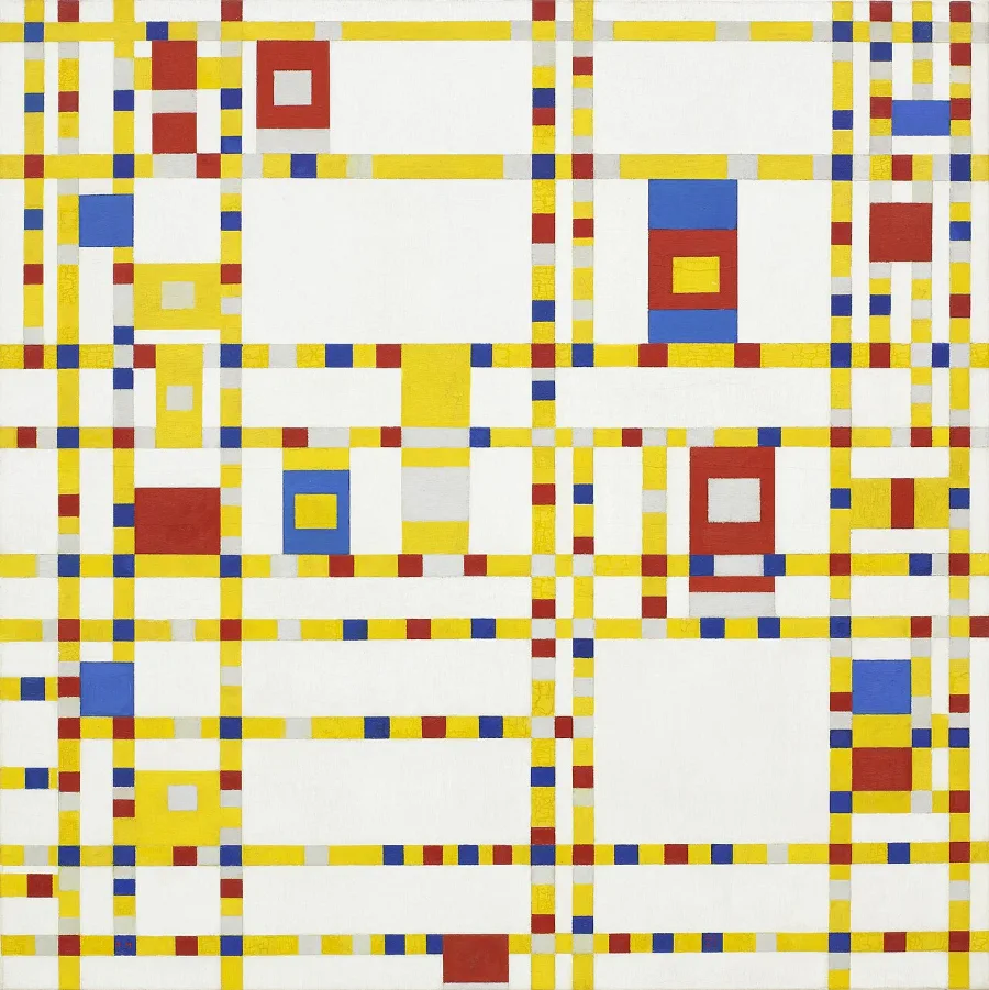 A dense grid of yellow lines broken into little squares of red, blue and grey, like traffic seen from high above a city at night. The black lines have gone entirely.