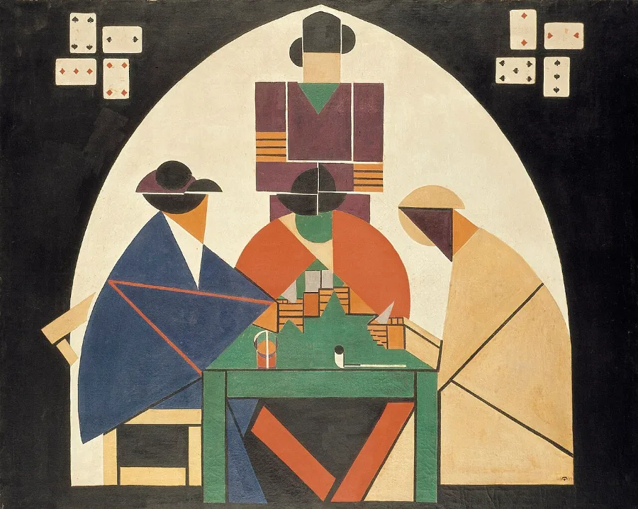 Three figures around a green table, built from flat triangles and rectangles in blue, orange and cream. Dominoes float in the corners. You can still tell they are people playing cards.