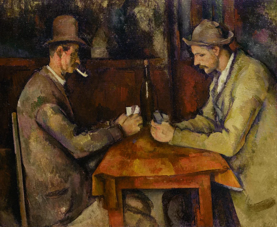 Two men in hats lean over a card table. Their coats, the table and the bottle between them are built as solid blocks, like architecture.
