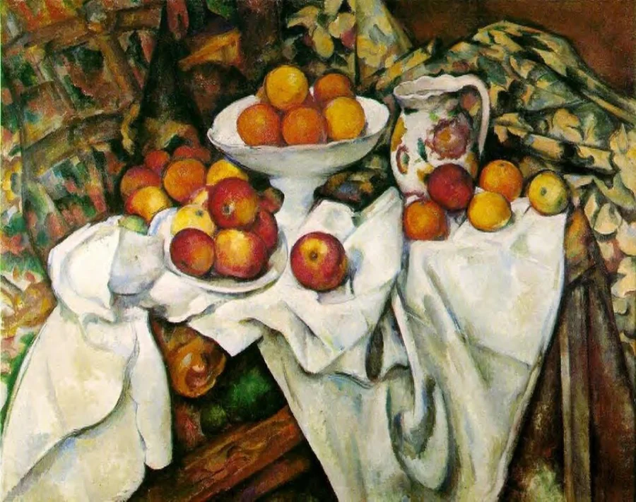 Fruit on a rumpled white cloth. The dish, the jug and the table are each seen from a slightly different angle and built out of planes.