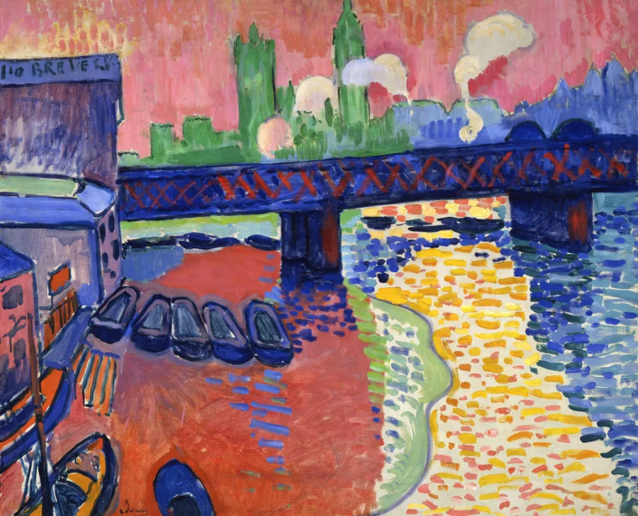 A London bridge over a river painted in pink, orange and yellow, with a blue-green skyline behind. Nothing is the colour it really was.