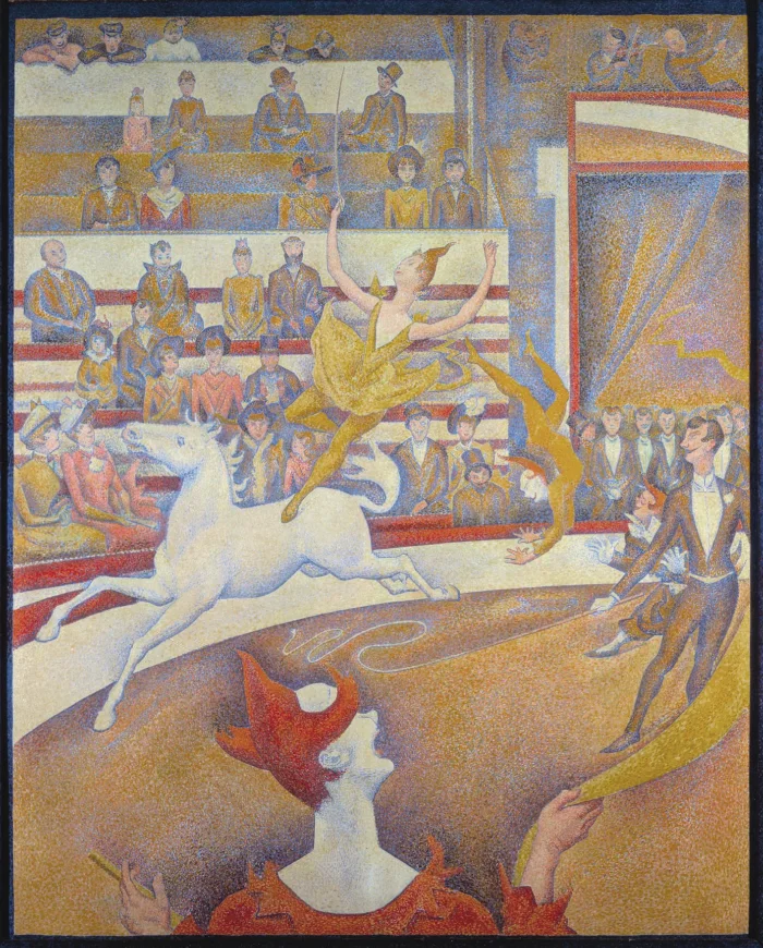 A circus ring with a bareback rider and a clown in the foreground, the whole scene made of tiny dots of orange, yellow and blue.