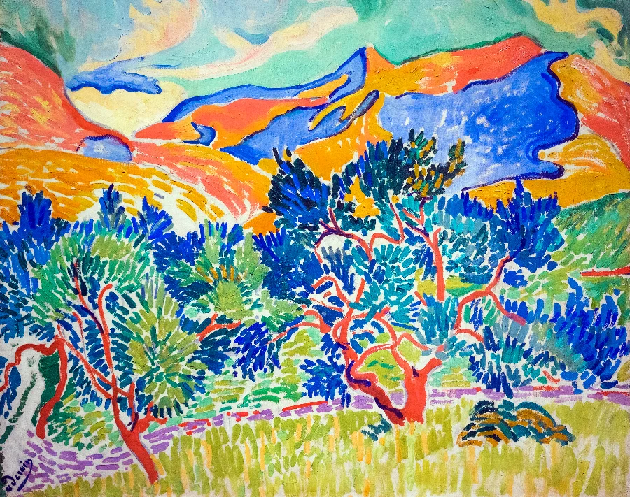Hills above the Mediterranean laid in separate strokes of red, blue, orange and green, so bright the shapes almost come loose.
