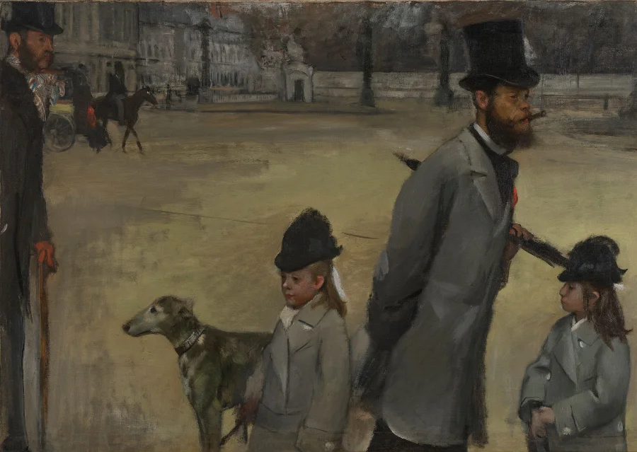 A man with a cigar walks across a square with two children and a dog. The dog is half out of the picture and a figure at the left edge is sliced in two, as though the moment was caught by accident.