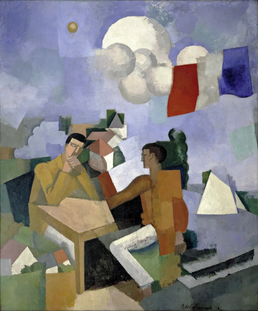 Two men sit at a table in the open air. A balloon, a small aeroplane and a sail float above them, and men, table and sky are all built from the same flat planes of blue, green and ochre.