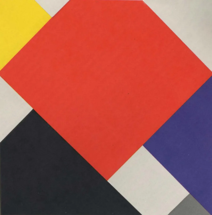 A large red square standing on one corner, with yellow, blue, grey and black shapes cut off by the edges around it. Nothing stands upright, and the whole picture feels tilted.