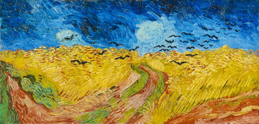 A wheatfield under a heavy blue-black sky, with a flock of crows scattering across it. Every stroke pushes and strains.