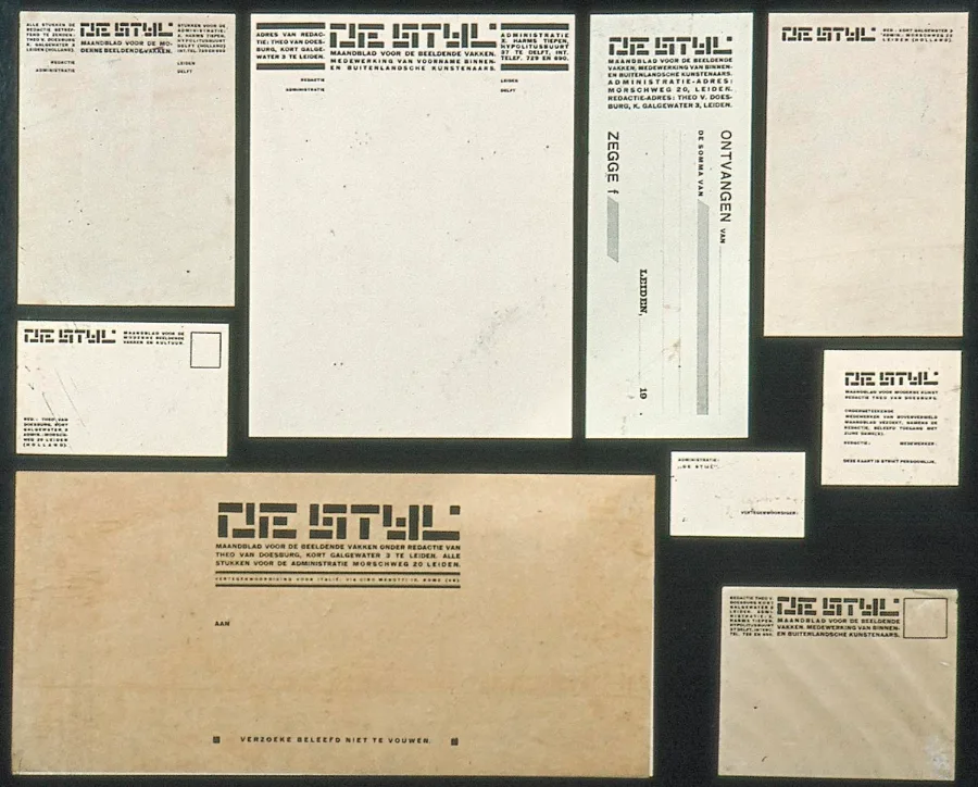 Letterheads, envelopes and cards for the magazine, all set in a blocky alphabet built from straight strokes. Even the lettering obeys the vertical and the horizontal.