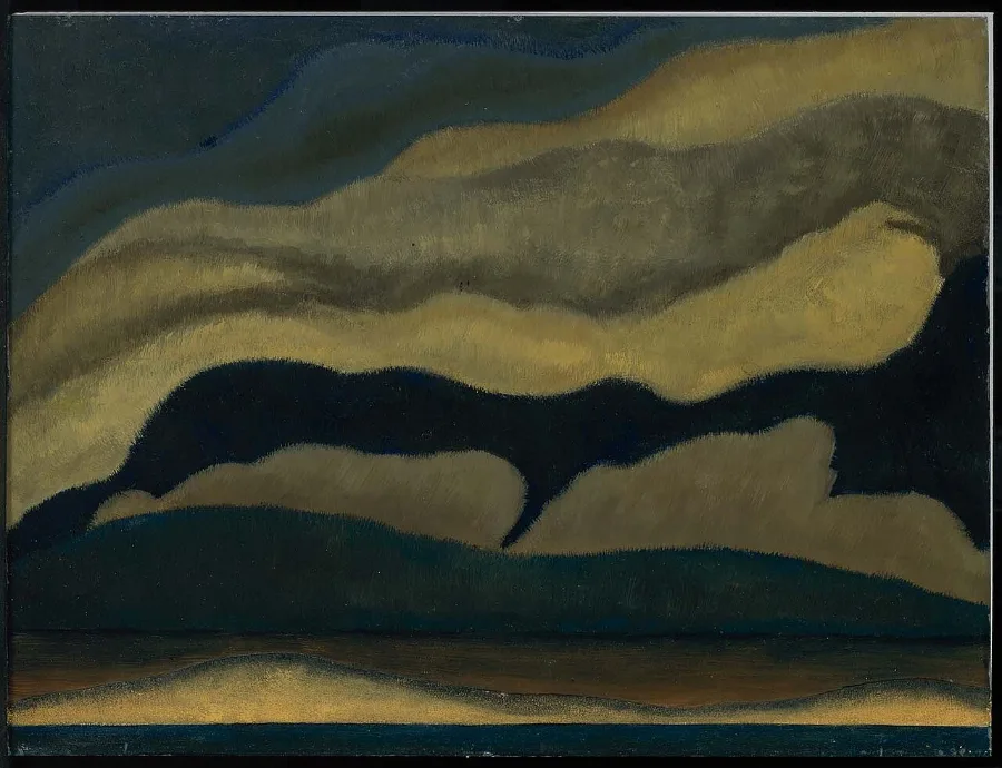 Heavy bands of olive, gold and near-black rolling across the canvas. They are clouds only because of the title; as shapes they are just weight and movement.