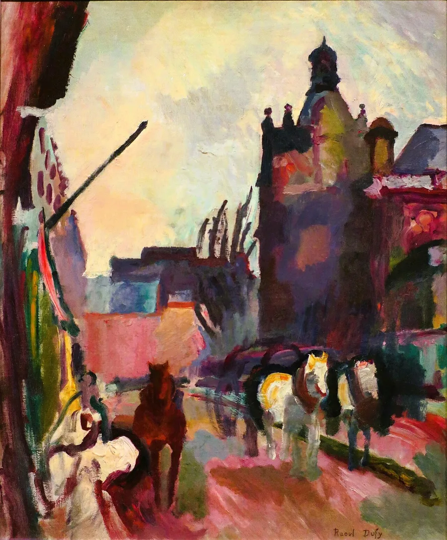 Horses pulling a cart along a street of tall houses, painted in slabs of pink, blue and yellow with the paint left visibly rough.