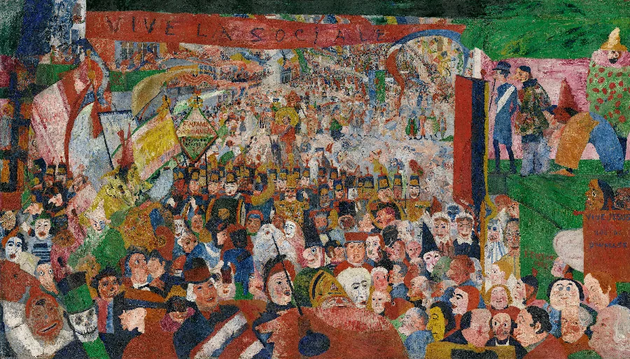 An enormous carnival crowd fills the street, almost every face a mask, with banners above and one small figure on a donkey in the middle.