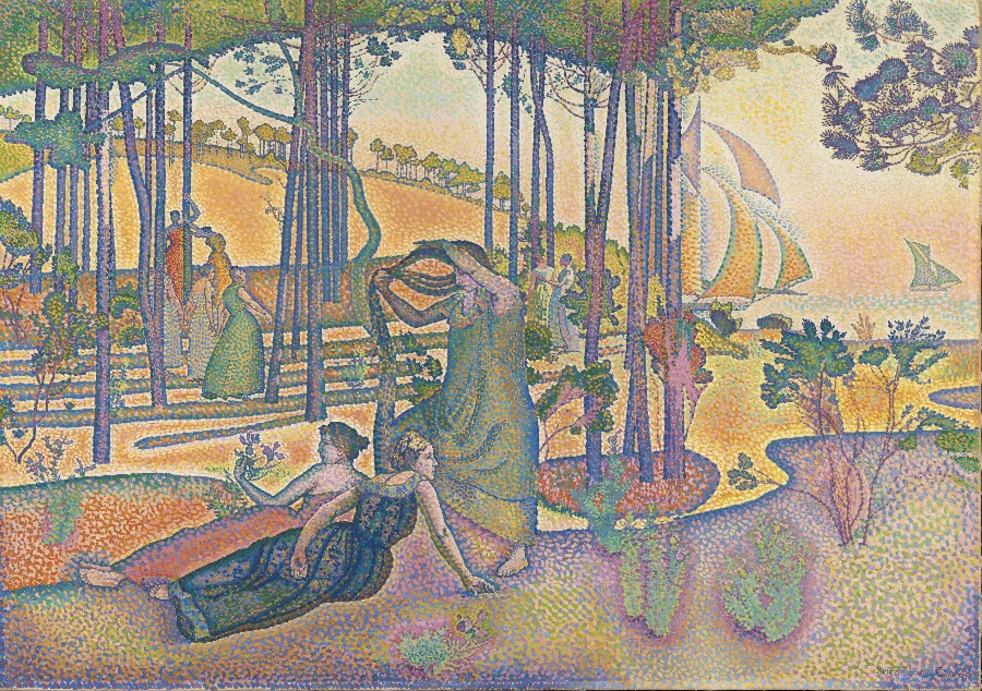 Women resting under pines beside a bright Mediterranean bay, the whole scene laid in warm square touches of colour.
