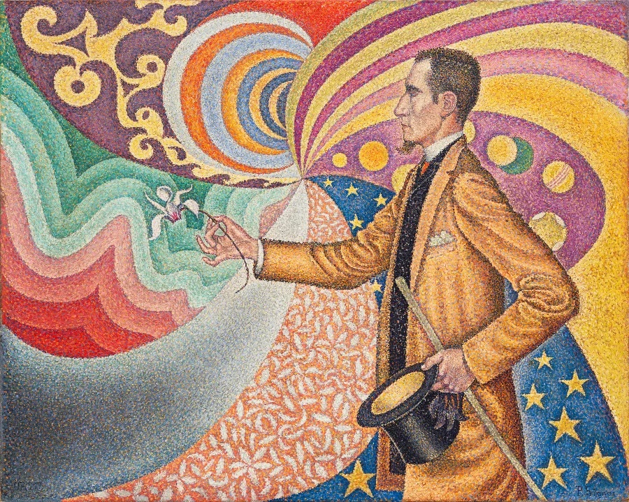 A man in profile holding a flower, against a background that spins outward in bands of pink, orange and green, every band built of dots.