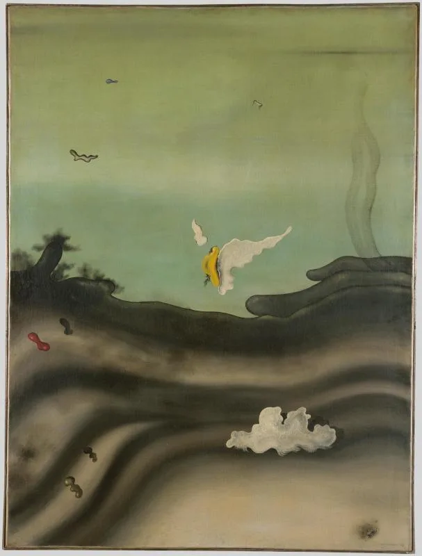 A pale green sky over a dark rolling ground. A few small shapes drift through the air, one of them bright yellow, none of them anything you could name.