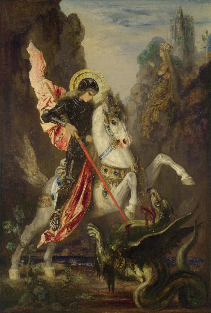 A knight in dark armour on a rearing white horse drives a red lance into a green dragon, while a crowned princess watches from the rocks below a pale castle.