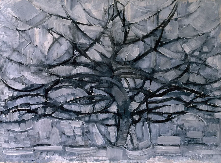 A tree painted almost entirely in greys and blues. The branches have begun to turn into a web of curving lines, and the sky between them is broken into flat patches.