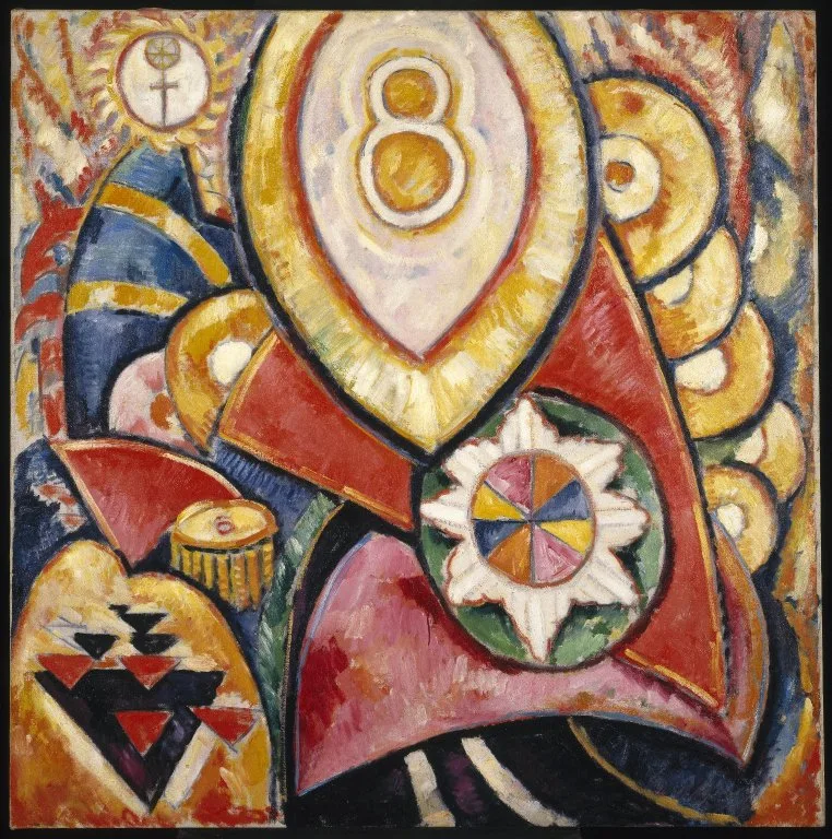 Flat emblem shapes in red, gold and blue stacked up the canvas — a star, a large number eight, a triangle. It looks like a flag for a country that does not exist.