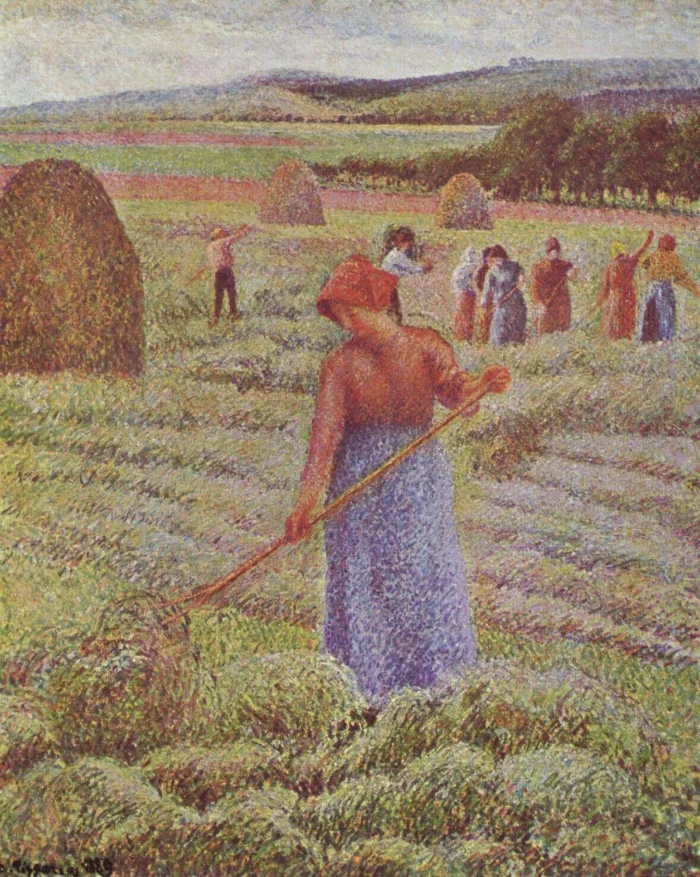 Two women working in a hayfield under a wide sky. Painted in the few years Pissarro built his pictures out of dots like the younger men.