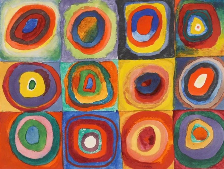 Twelve squares, each holding rings of colour inside it. No object, no scene — the whole picture is a test of what colours do when you put them next to each other.