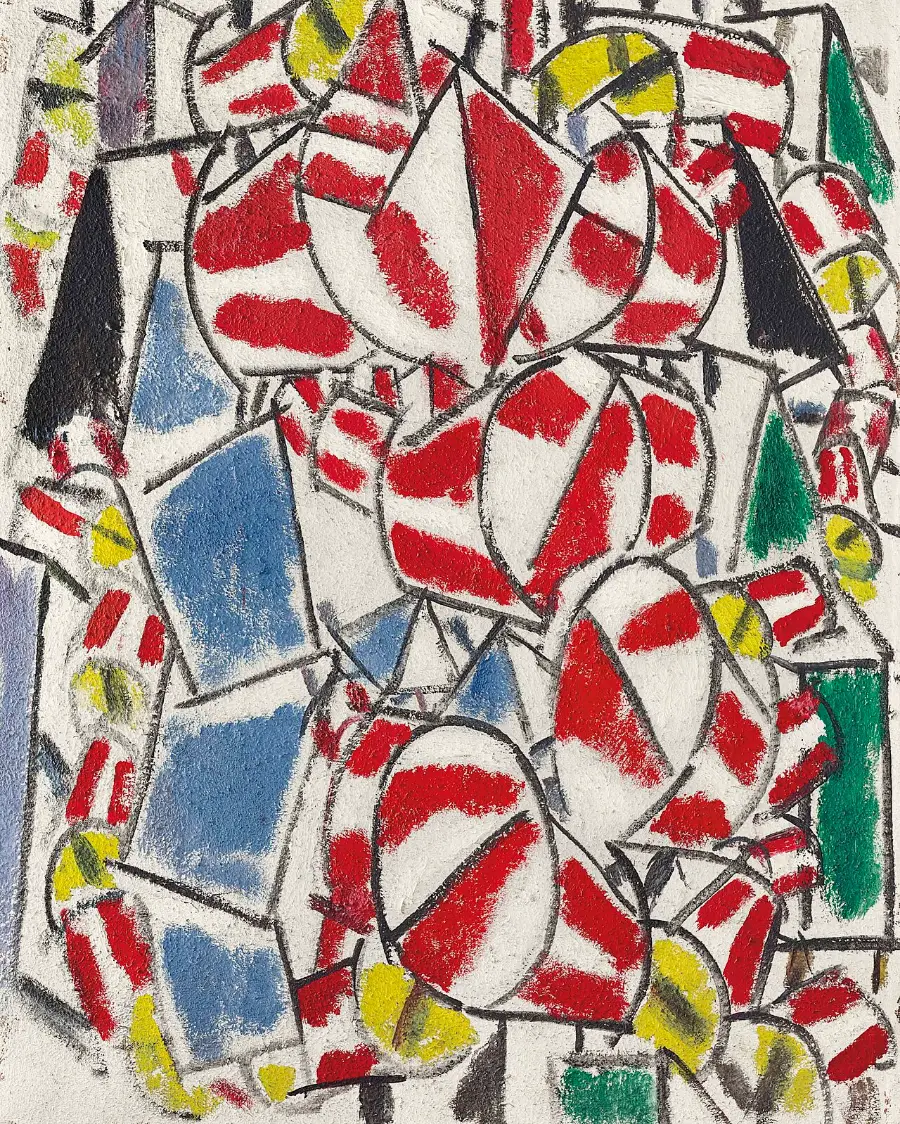 Red, blue and yellow tubes and cones crowd the canvas, outlined in heavy black on white. Nothing is a nameable object, yet everything has weight and roundness, like a stack of machine parts.
