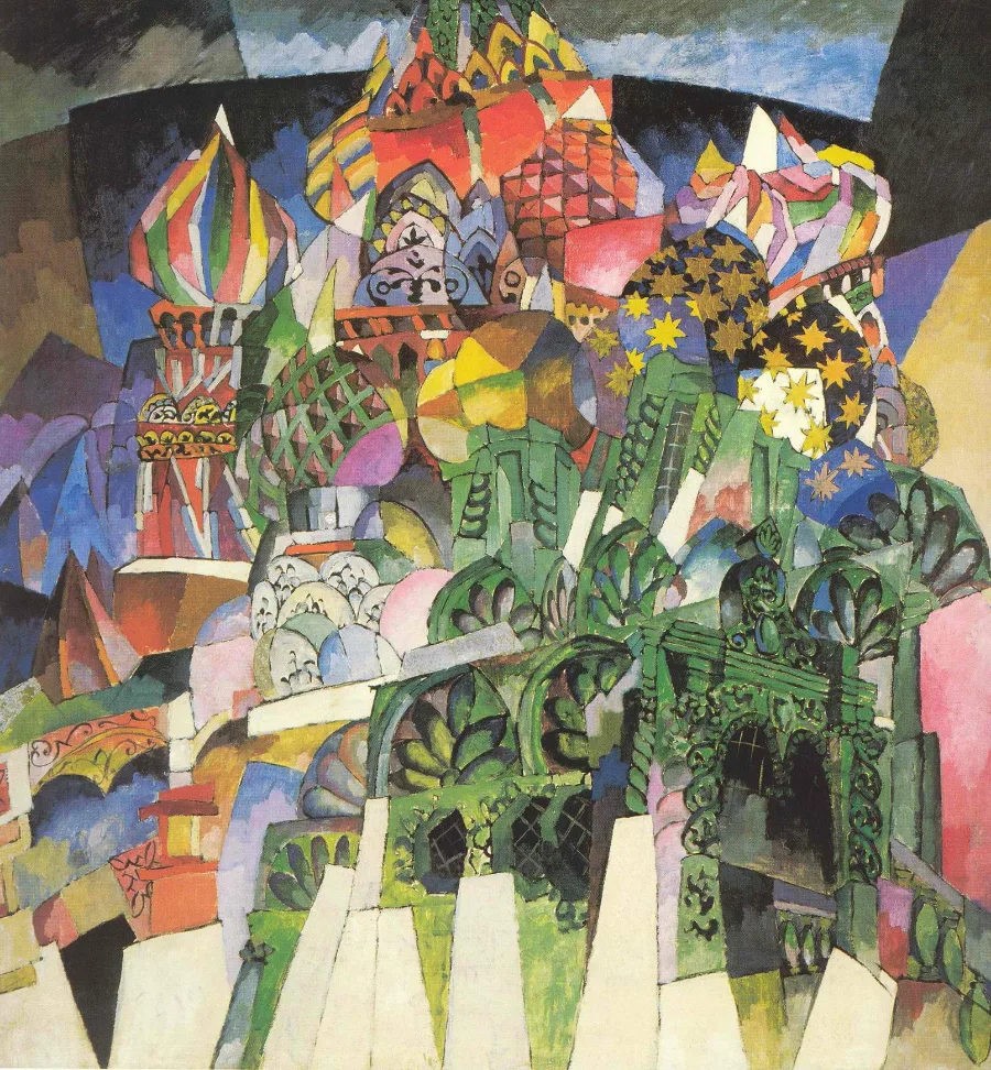 The domed cathedral on Red Square broken into a mosaic of hot pink, gold, green and blue. The onion domes repeat and slide sideways, so the building seems to be seen from several places at once.