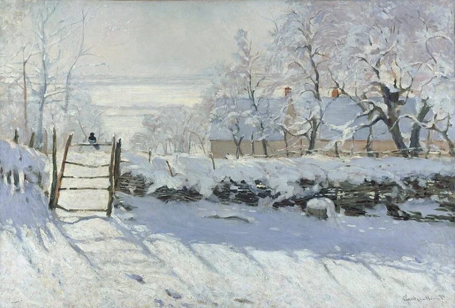A snowy field with a gate, and a single magpie sitting on it. Every shadow on the snow is blue or lilac — not one of them is grey.