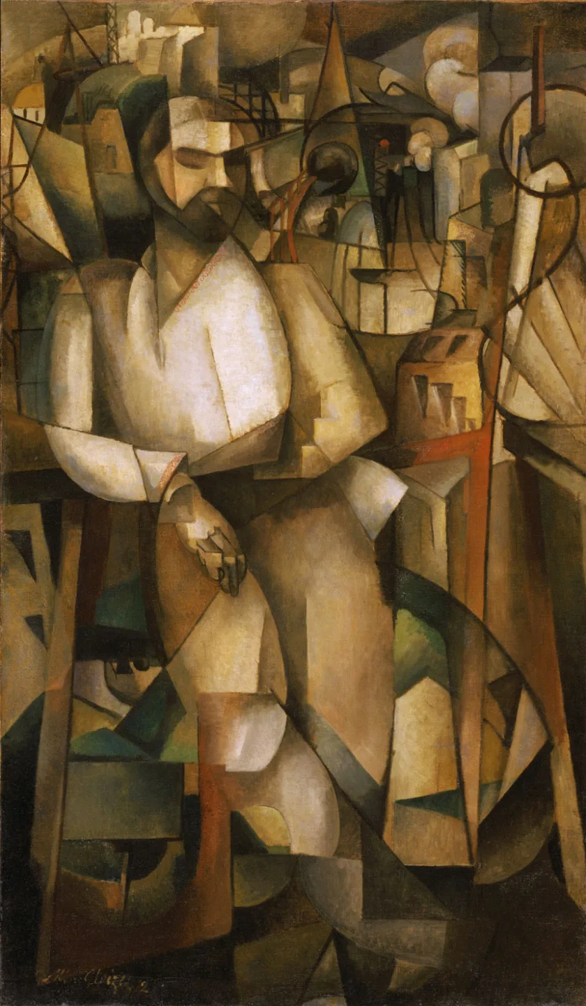 A standing man built from dozens of small brown, grey and ochre planes. His head, one hand and his jacket are clear, while the balcony rail and the city behind slide straight through him.
