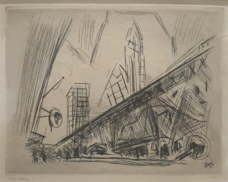 New York in black lines: towers leaning, the elevated railway slicing across the middle, tiny figures below. The whole city looks as though it is being shaken.
